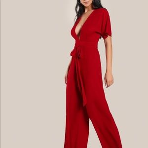 Red Plunge Neck Wide Leg Jumpsuit
